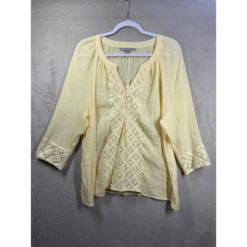 Valerie Stevens Blouse Womens XL Yellow Lace Trim Boho Peasant Top 3/4 Sleeve